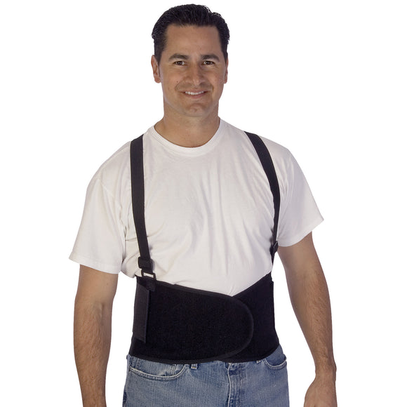 Man wearing a black shoulder brace on a white background