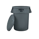 Gray trash bin with lid on a white background