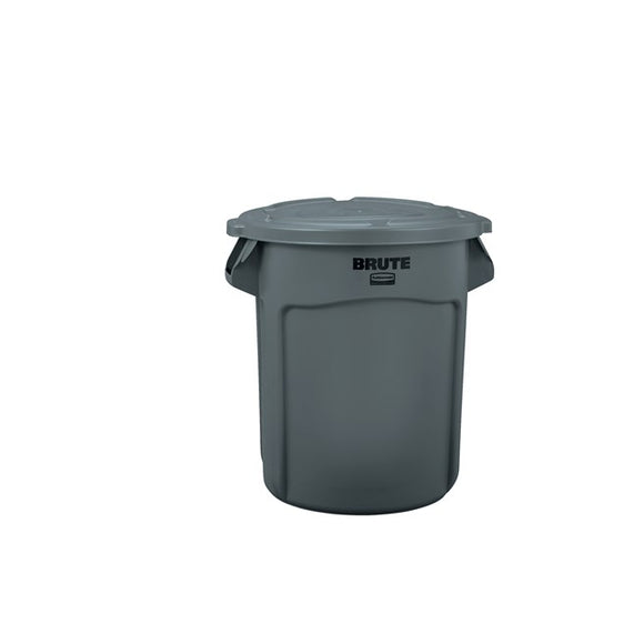 Gray trash bin with 'Brute' branding on a white background