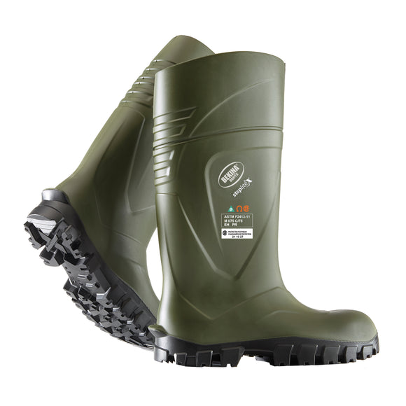 Green rubber boots with black soles on a white background