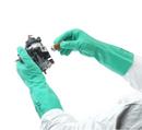 Person wearing green 11 mil nitrile gloves that are long enough to cover the forearm. Person is holding a mechanical component on a white background