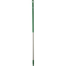 A stainless steel handle squeegee with a green and white plastic body.