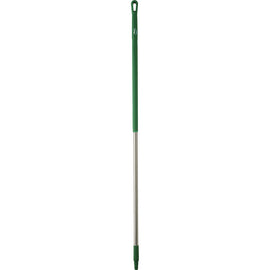 A stainless steel handle squeegee with a green and white plastic body.