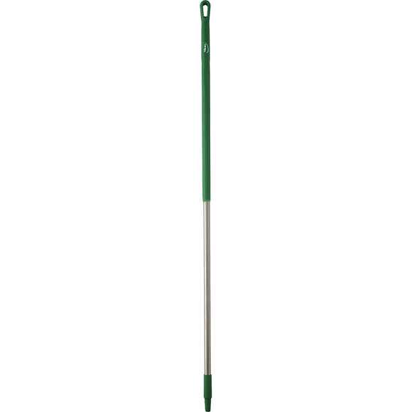 A stainless steel handle squeegee with a green and white plastic body.