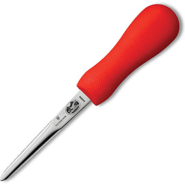 A Boston-style blade oyster knife with a red polypropylene handle and a high-carbon stainless steel blade.